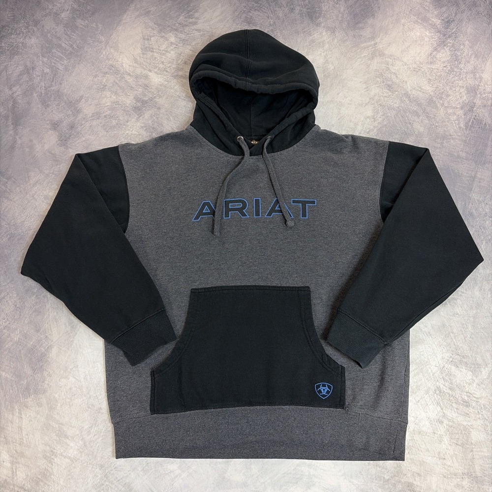 Ariat Hoodie Pullover Mens Medium Grey Black Blue Logo Colorblock Sweatshirt